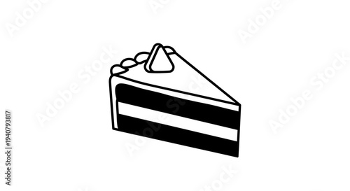 Simple black and white line art illustration of a delicious slice of cake with frosting, a minimalist dessert icon for menus and design.