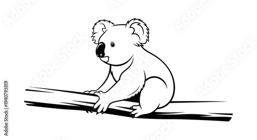 Cute Koala Sitting on a Tree Branch - Black and White Line Art Illustration, Adorable Marsupial Animal Drawing