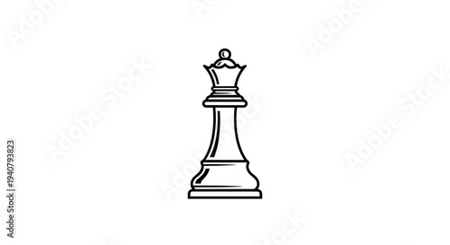 Black and white line art illustration of a chess queen piece, symbolizing strategy, power, and intellect in board games.