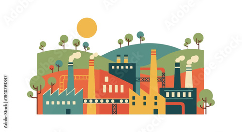 Industrial complex illustration with factory buildings and natural environment