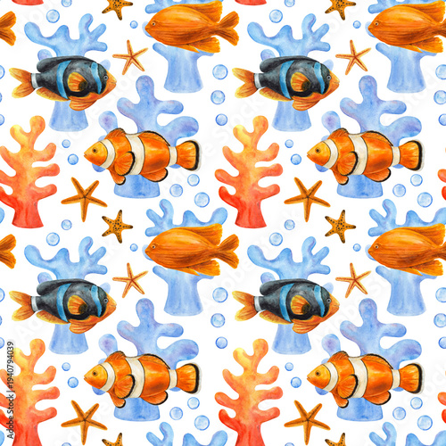Tropical fish, corals, starfish, watercolor seamless pattern. Underwater world. Marine style. A hand-drawn illustration.