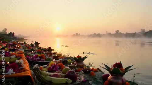 Wallpaper Mural Sunrise over river with religious offerings. Torontodigital.ca