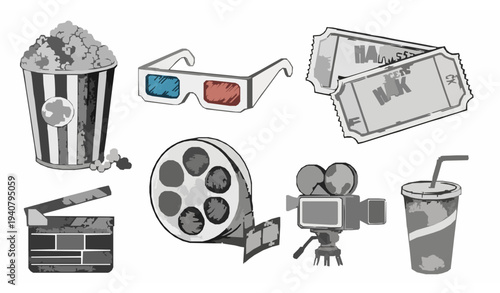 Cinema sketch collection with popcorn 3D glasses movie tickets and film reel