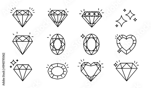 Diamond line icon set with brilliant gemstone outline symbols vector