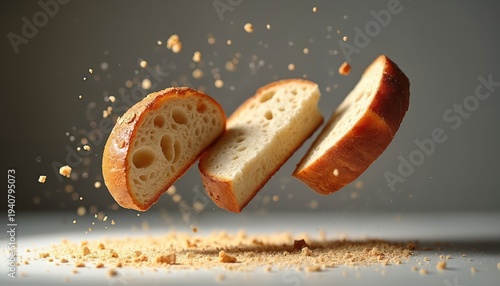 Slices of artisan bread levitate in mid-air, creating artistic food presentation. Crumbs scatter around floating segments, suggesting bakery culinary theme with focus on texture, freshness for