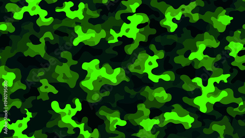 Seamless neon glow pattern featuring camouflage design in green on black background viewed from above as an illustration