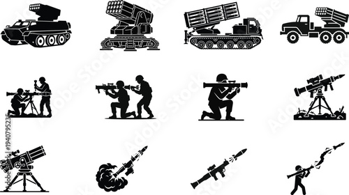 Modern military defense and aerospace icons set defense systems and equipment
