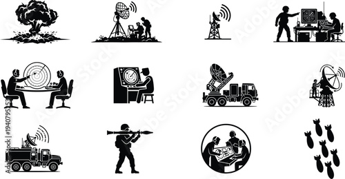 Modern military defense and aerospace icons set black silhouettes