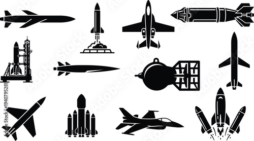 Modern military defense and aerospace icons set missiles rockets fighter jets and satellites