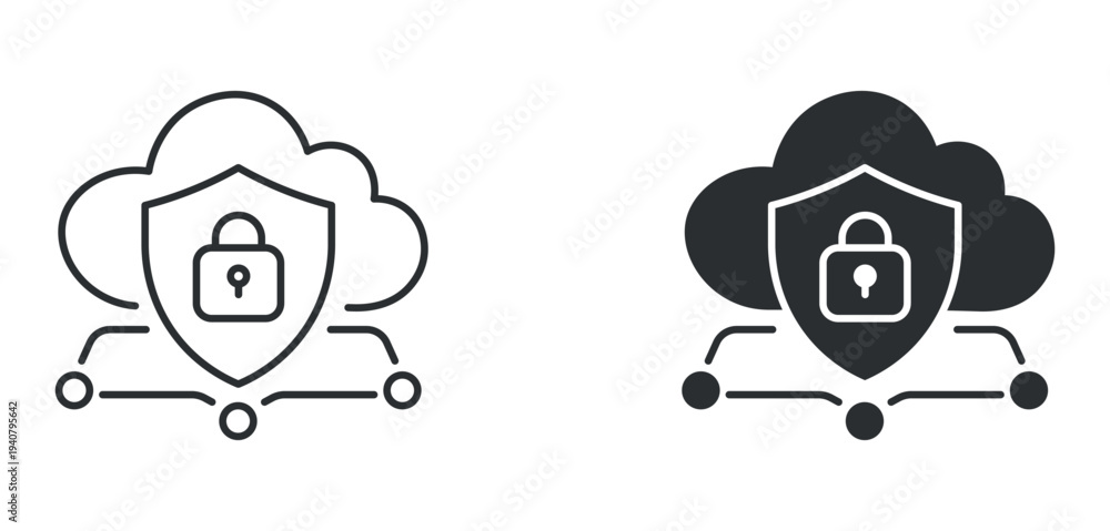 Obraz premium Cloud security icon set, secure cloud computing protection symbol, outline and solid silhouette style. Vector illustration.