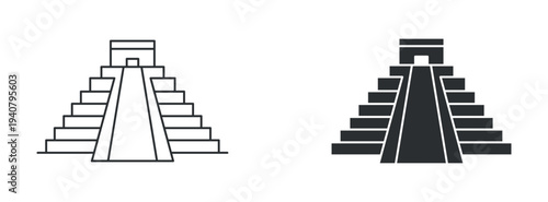 Mayan pyramid icon set, ancient Mesoamerican temple pyramid symbol, outline and solid silhouette style. Vector illustration