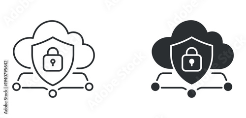 Cloud security icon set, secure cloud computing protection symbol, outline and solid silhouette style. Vector illustration.