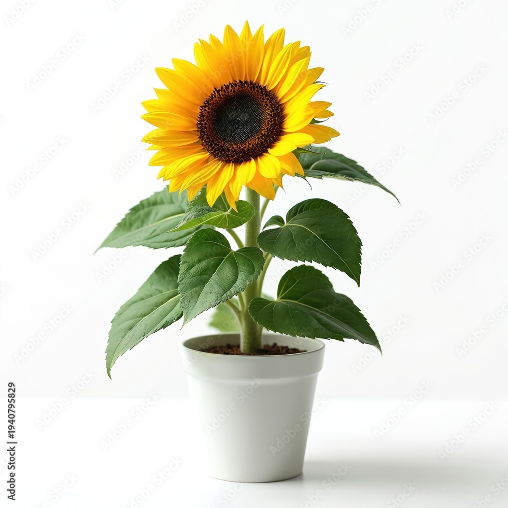 Obraz premium Bright yellow sunflower grows in white pot against plain background. Green leaves and dark center detail bright petals. Plant is healthy, vibrant, studio shot, isolated.