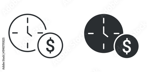 Time is money icon set, clock with dollar currency symbol, outline and solid silhouette style. Vector illustration.