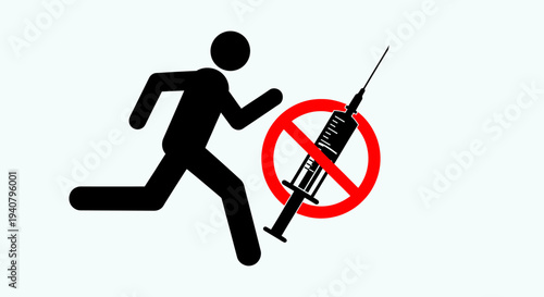 Man Running Away from Syringe Prohibition Sign.