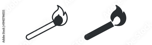 Burning match icon set, lit matchstick fire flame symbol, outline and solid silhouette style. Vector illustration.
