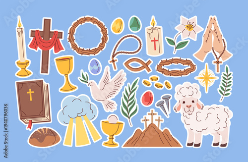 Spiritual and religious Easter stickers set with cross, tomb, lilies and Christian biblical elements