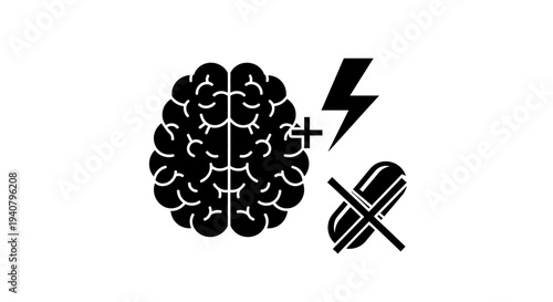 Brain with Lightning Bolt and Pill Icon.