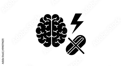 Brain Icon with Lightning Bolt and Pill.