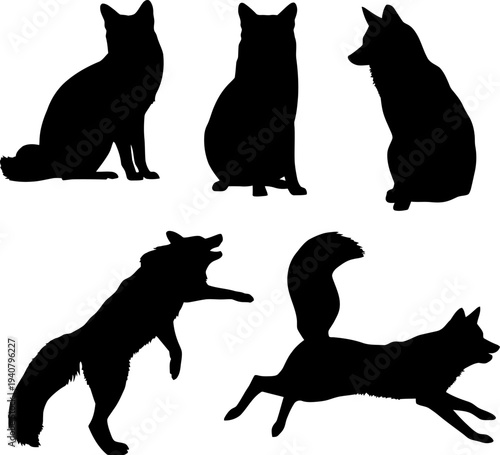 Fox Silhouette Collection, Wild Forest Animal Poses, Cunning Red Fox Vector Icons
