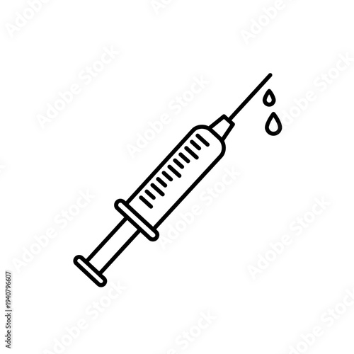 A simple line art illustration of a medical syringe with a drop of liquid falling from its needle.