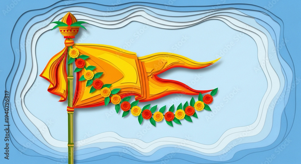 Fototapeta premium Paper Cut Gudi Flag – Gudi Padwa Festival Symbol