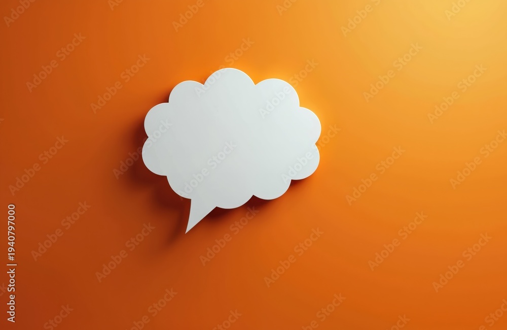 Fototapeta premium White speech bubble shape on bright orange background. Empty space for text, dialogue symbol. Communication, message, idea, thinking concept.