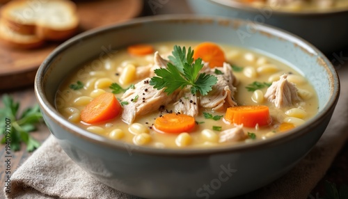 Close-up of creamy chicken orzo soup with carrots and parsley. Served in a blue bowl on a rustic wooden table with bread slices. Wholesome meal perfect for cold weather.