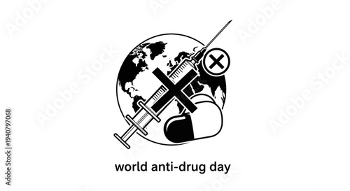 Syringe Overlaid on Globe Illustration Anti Drug Day.