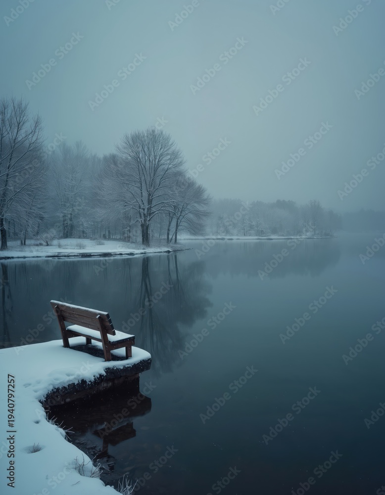 Fototapeta premium Wooden bench sits on snow covered pier by calm lake water. Bare trees line distant misty shore. Serene winter landscape offers peaceful contemplation for nature lovers.