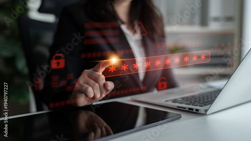 Foto Password security breach warning with red asterisk box, cybersecurity alert, loc