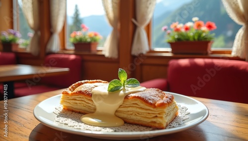 Warm quark cheese strudel with vanilla sauce, served in cozy cafe with mountain view. Delicious pastry with mint garnish, perfect comfort food.