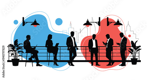 Set of business people vector silhouettes on urban balcony