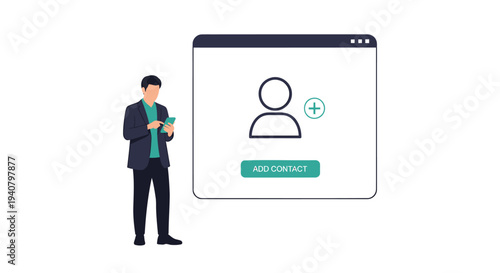 Vector illustration of businessman adding contact, user interface