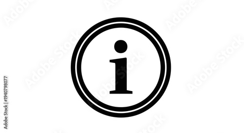 Black and white information icon in a circle, representing help, guidance, support, and essential data. Modern symbol or button graphic.