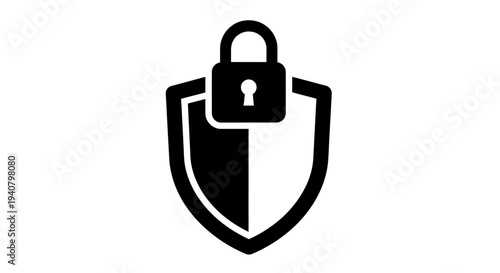 Black shield with padlock icon representing security, data protection, privacy, and cyber defense symbol for digital safety.