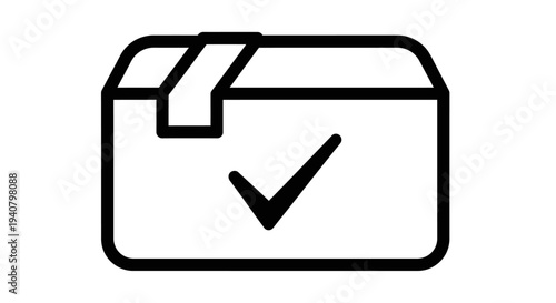 Confirmed delivery box icon, checkmark on package symbol, complete order status, shipping confirmation line art vector.