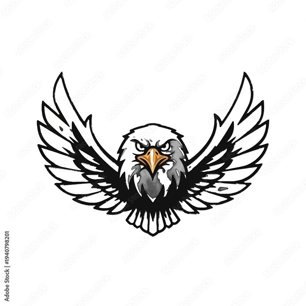 Fototapeta premium Vector illustration of a fierce eagle head with outstretched wings.