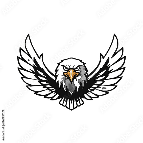 Vector illustration of a fierce eagle head with outstretched wings.