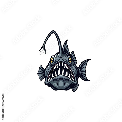 Cartoon Anglerfish with Lure on Head and Sharp Teeth.