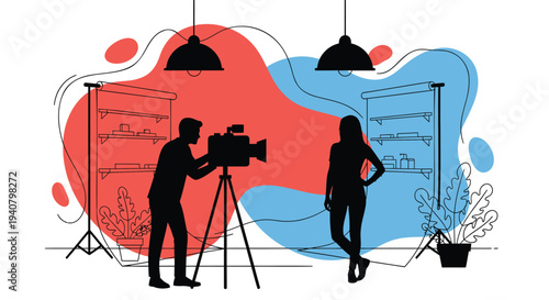 Vector illustration of film crew, camera and lighting equipment