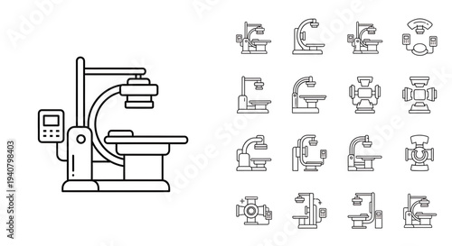 A set of minimalist dental chair icons in a flat line art style