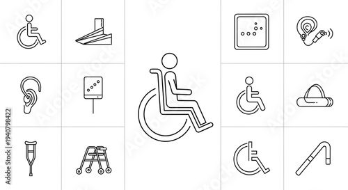 A set of minimalist vector icons representing various disability and accessibility symbols