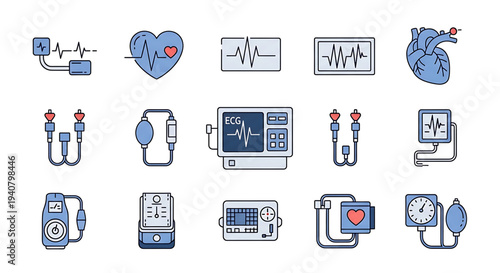 A collection of medical icons and illustrations representing various healthcare concepts and equipment