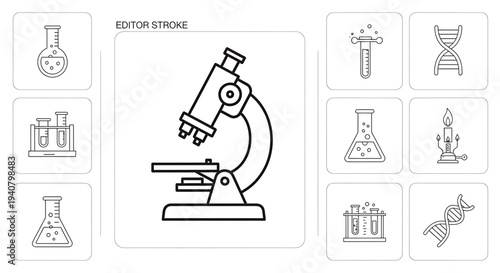 A set of scientific icons including a microscope and laboratory equipment in a flat, minimal design style.