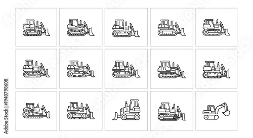 A set of black and white line art illustrations of various bulldozers and excavators in different poses