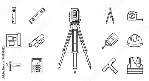 A set of construction and surveying tools in a minimalist line art style