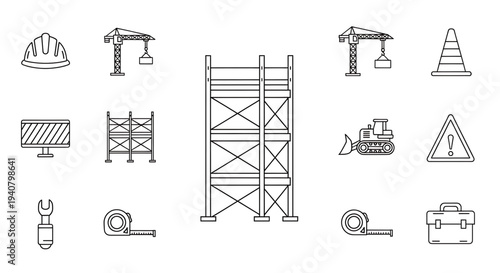 A set of construction icons including a hard hat, crane, scaffolding, and warning signs