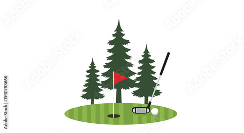 A minimalist golf scene depicts three pine trees, a red flag in a hole, a golf club, and a golf ball on a green patch of grass on a white background.