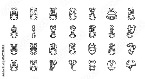 A collection of line art climbing equipment icons including harnesses, ropes, and helmets